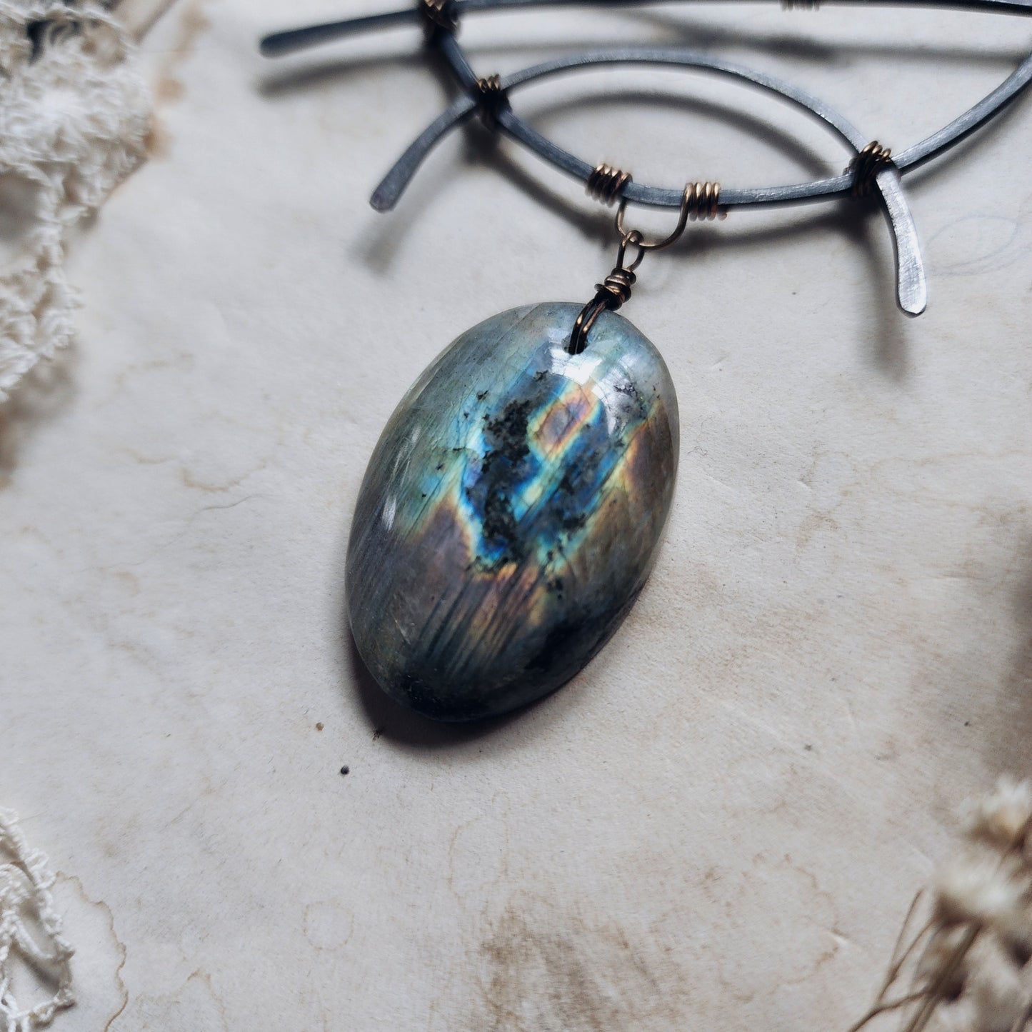 Rainbow purple labradorite geometric necklace