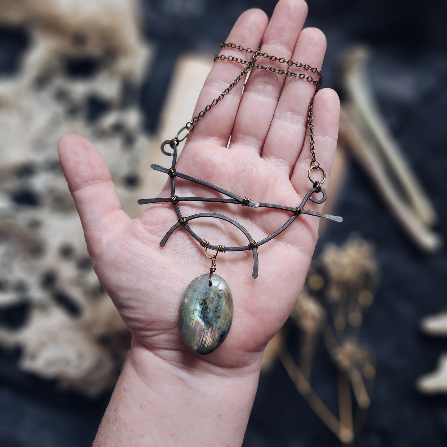 Rainbow purple labradorite geometric necklace