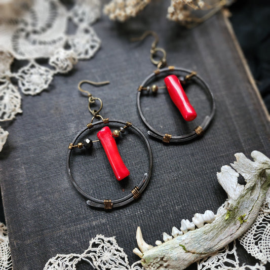 Red coral circle earrings