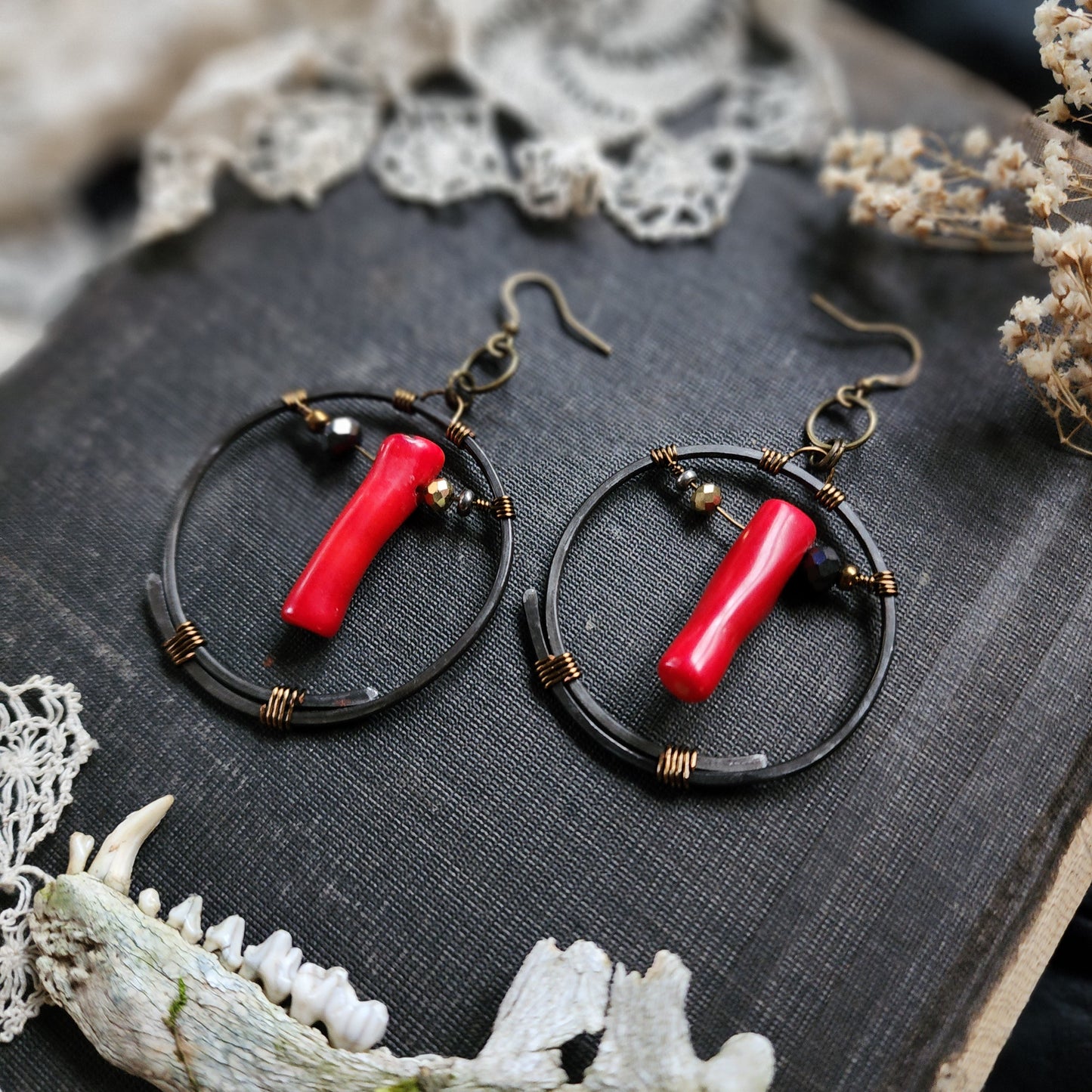 Red coral circle earrings