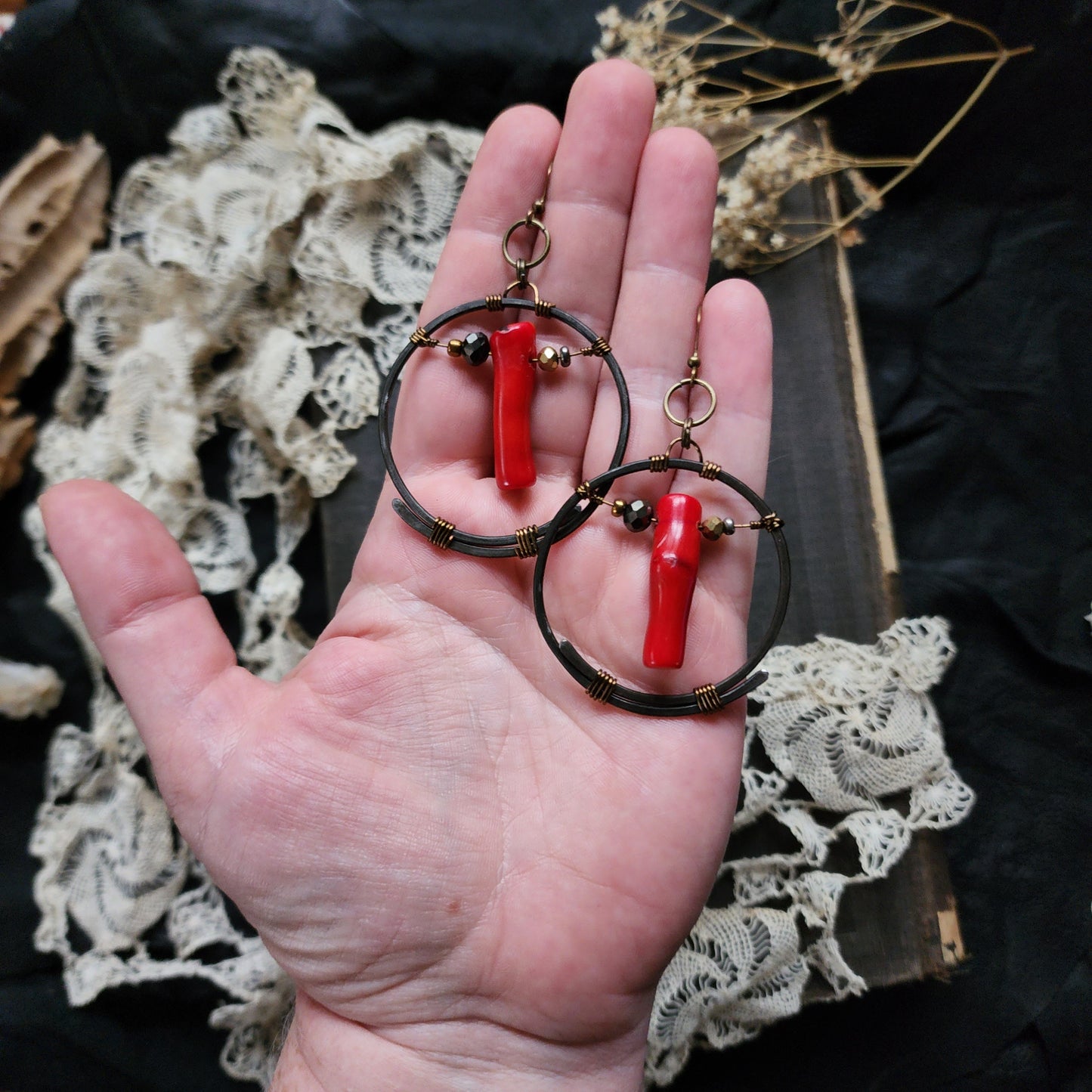 Red coral circle earrings